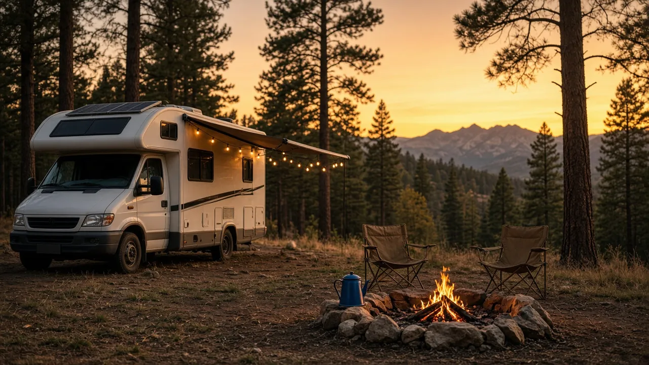 A Class C motorhome with roof solar parked in the pines at sunset, string lights on the awning, two camp chairs beside a small campfire.
