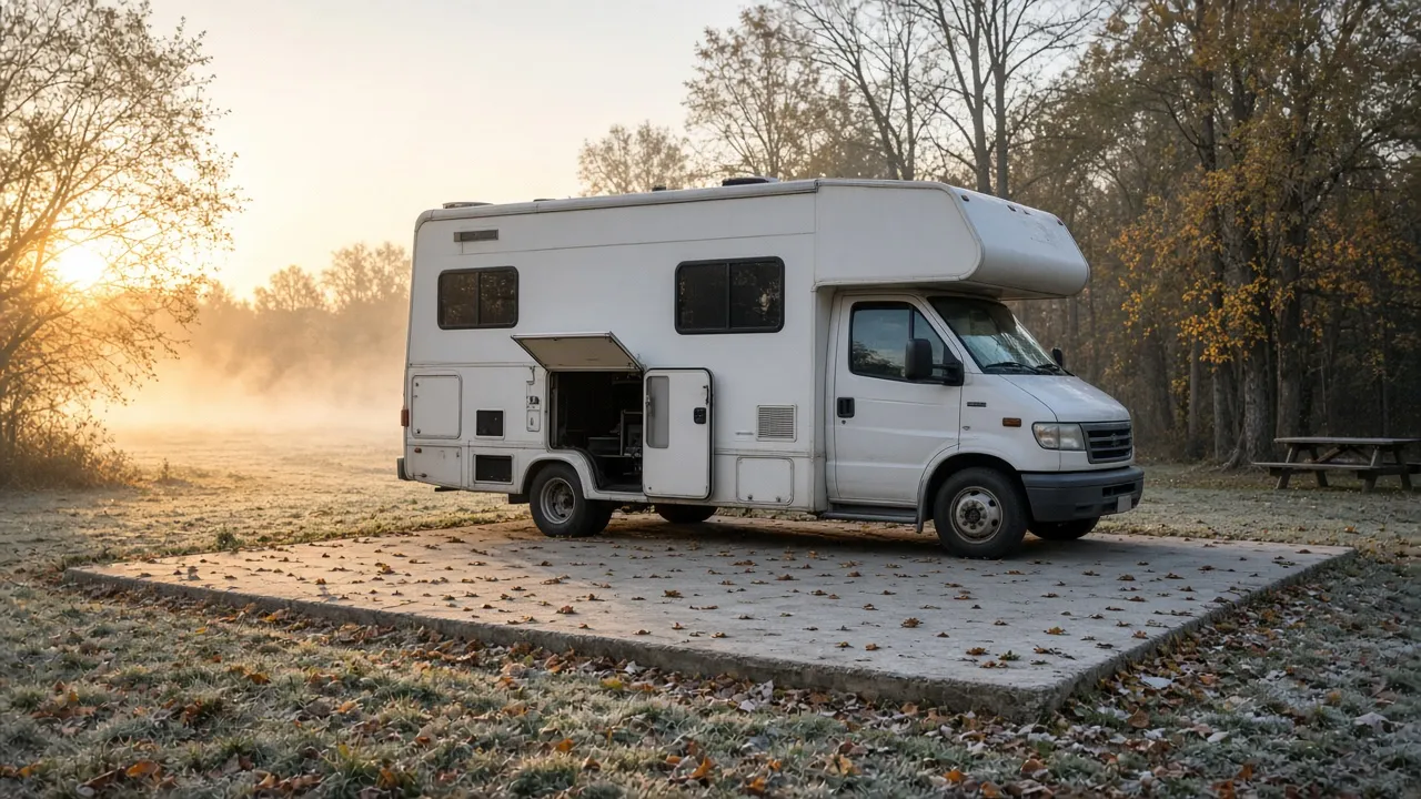A motorhome parked on a concrete pad on a frosty autumn morning with a storage bay door open.