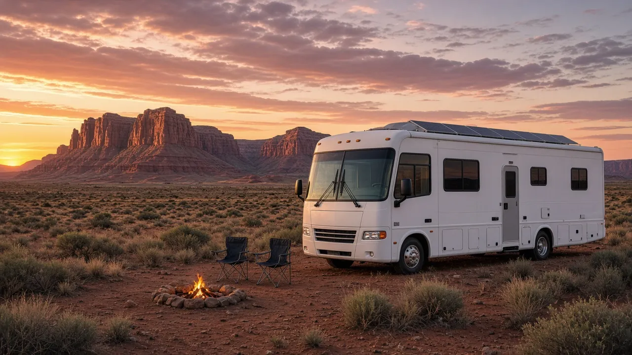 A white Class A motorhome parked alone in the desert at sunset, solar panels on the roof and a small campfire in front.