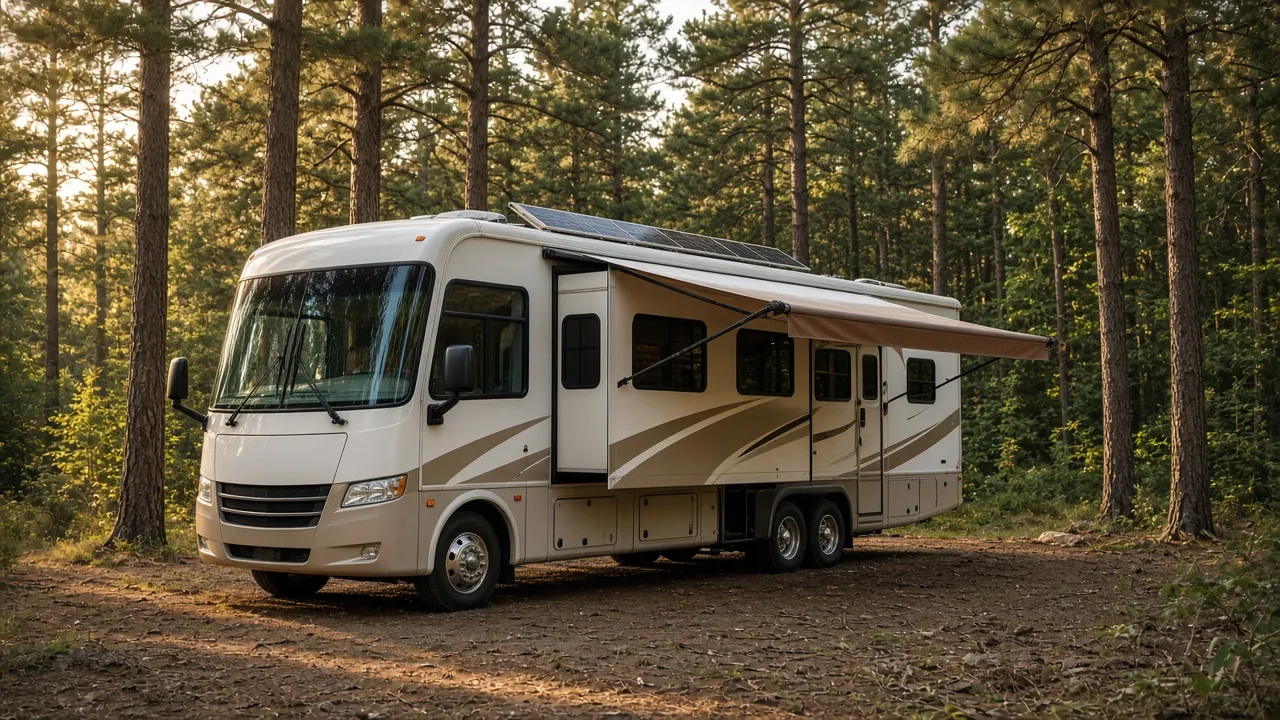 A large Class A motorhome parked among tall pine trees with its awning out and solar panels on the roof.