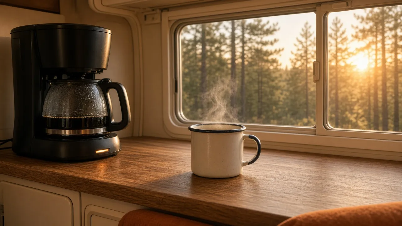 A coffee maker brewing on an RV counter beside a steaming camp mug, pine trees in the window.