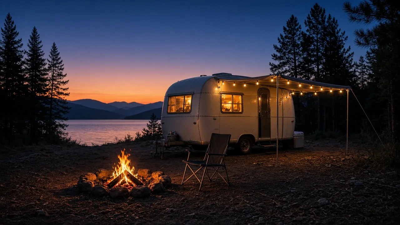 A small travel trailer glowing at dusk by a lake, string lights on the awning and a campfire in front.