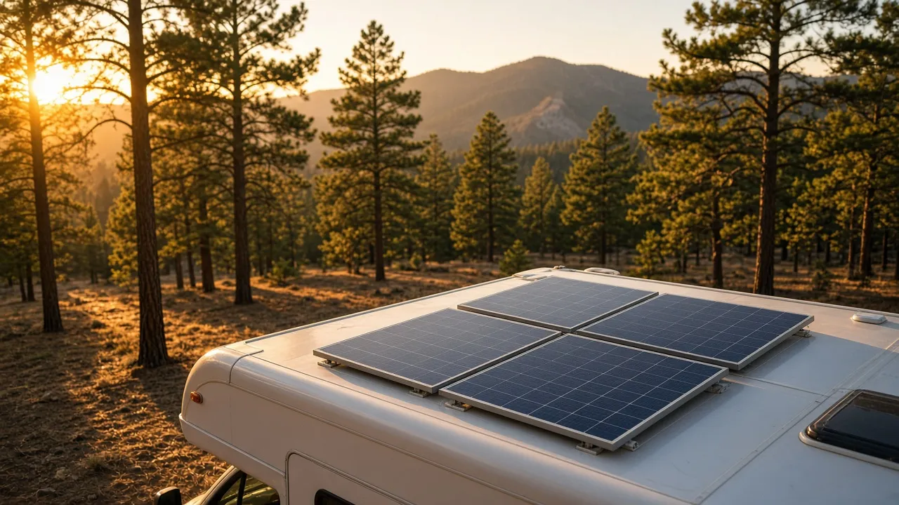 Solar panels on the roof of a white motorhome at golden hour, pine trees behind it.
