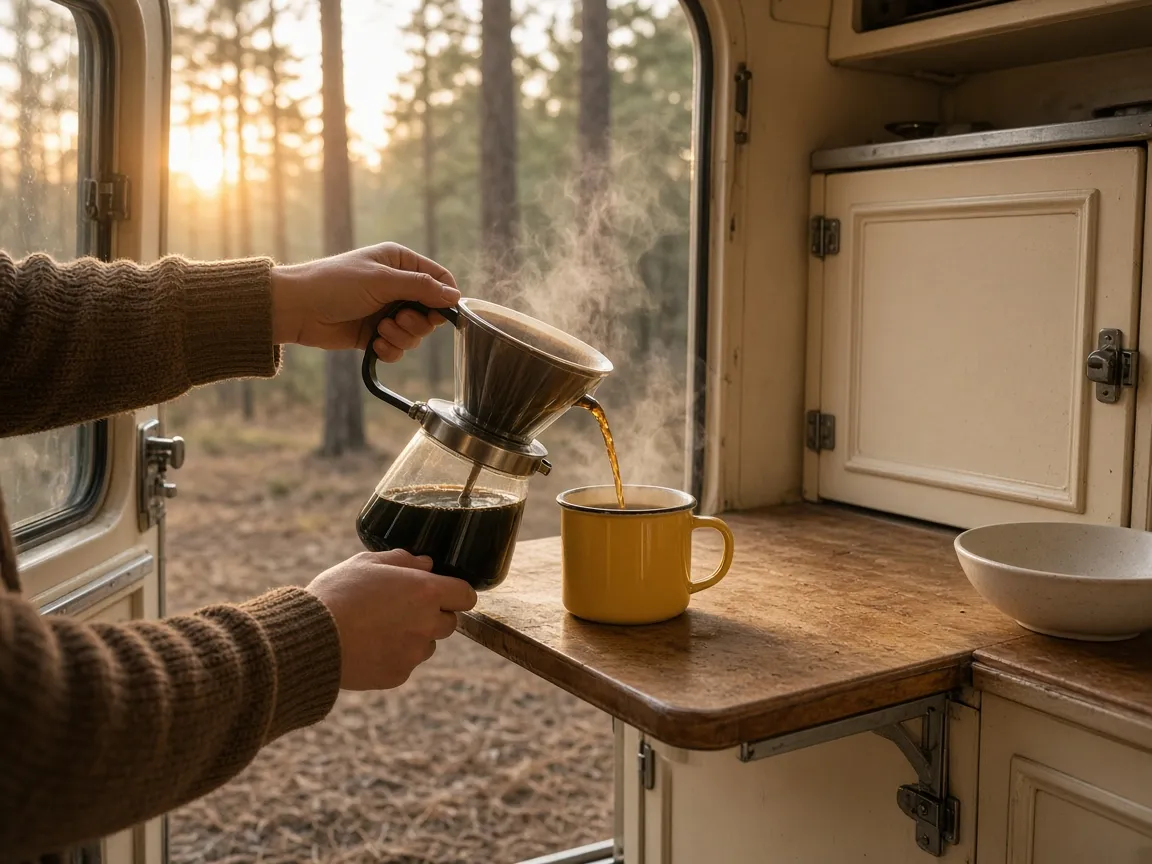 Hands pouring fresh coffee into a yellow enamel mug on a trailer counter, morning sun coming through the open door.