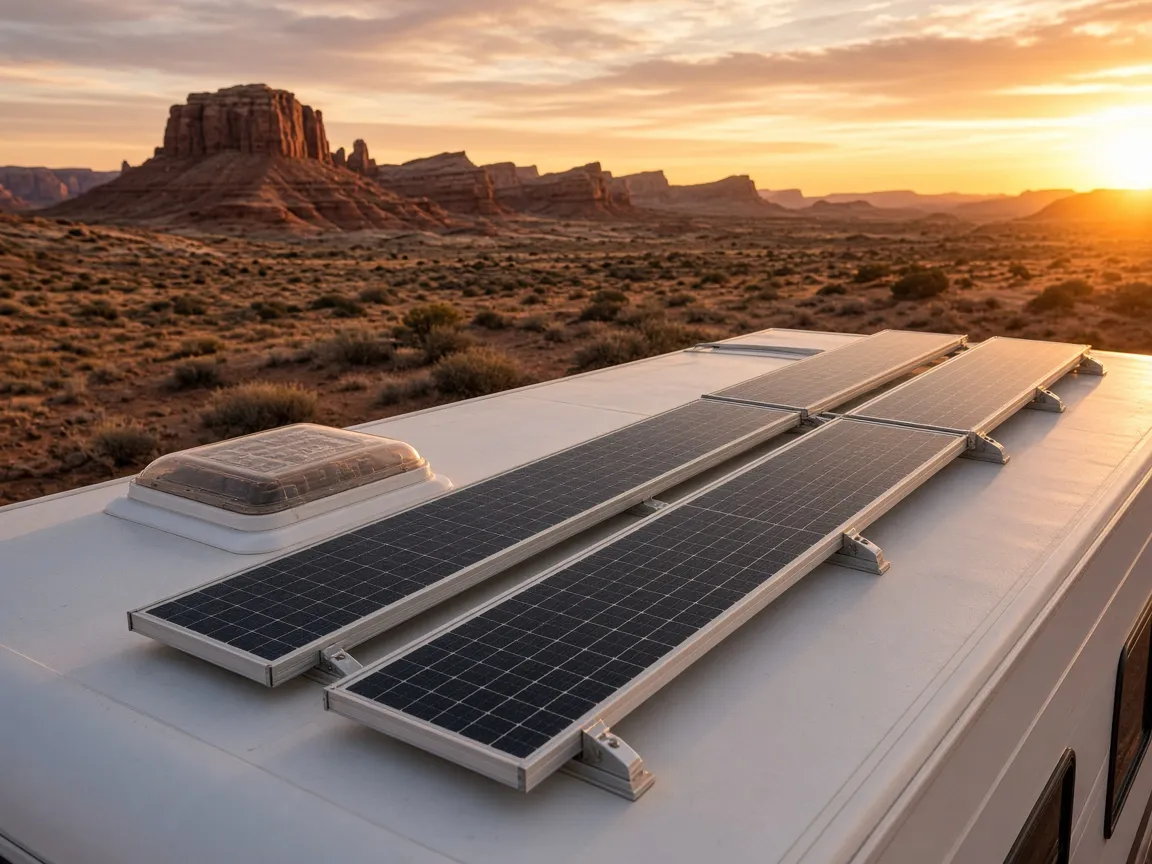 Three solar panels on a motorhome roof at sunset with red rock buttes in the distance.